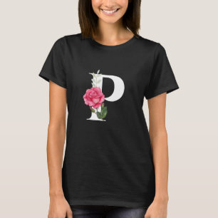 Camiseta Monograma - Letra inicial P em branco com rosa ros