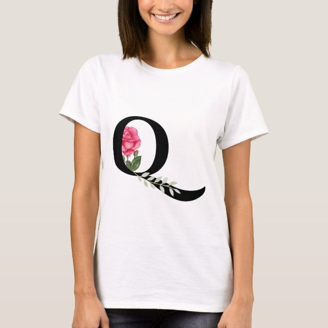Camiseta Monograma - Letra inicial Q a preto com rosa rosa  (Frente)