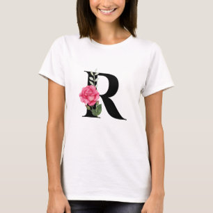 Camiseta Monograma - Letra Inicial R a Preto com Rosa Rosa 