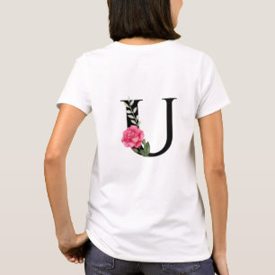 Camiseta Monograma - Letra inicial U a preto com rosa rosa