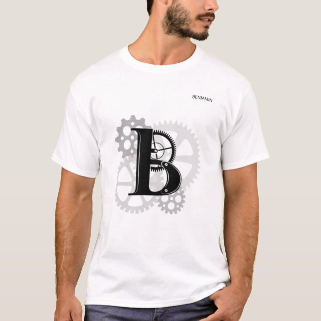 Camiseta Monograma Mecânico Personalizável. Inicial "B" (Frente)