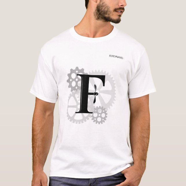 Camiseta Monograma Mecânico Personalizável. Inicial "F" (Frente)