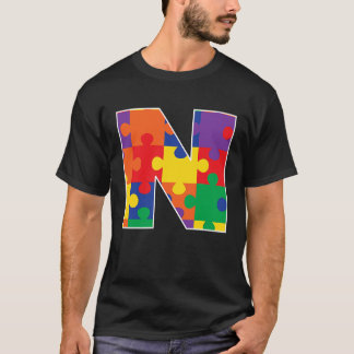 Camiseta Monograma N em Peças de Quebra-cabeça multicolores