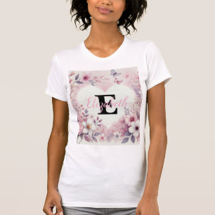 Camiseta Monograma nome corações florais cor d'água românti