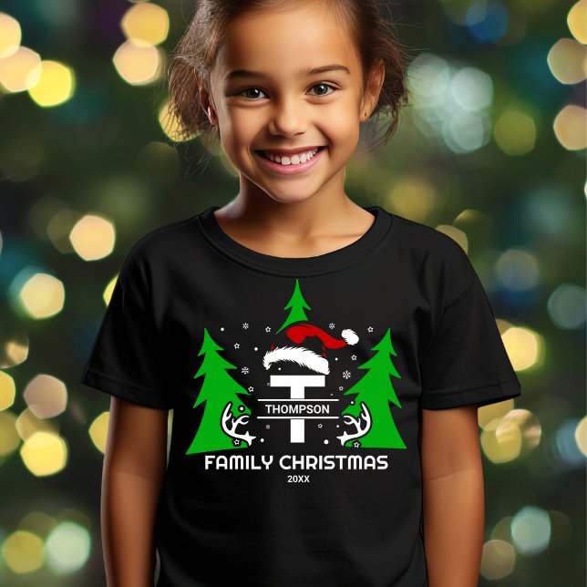 Camiseta Monograma Nome da Família Santa Hat Ano Natal (Criador carregado)