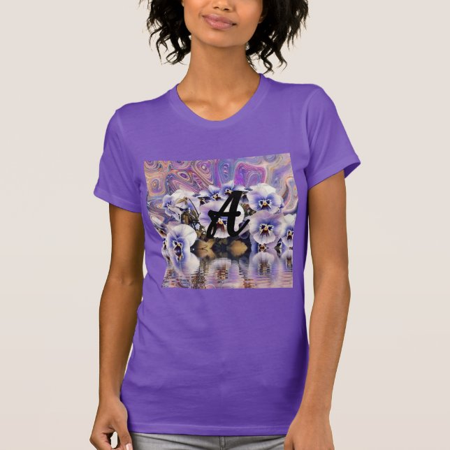 Camiseta Monograma Pansias Rosa Púrpura Água Aquarela (Frente)