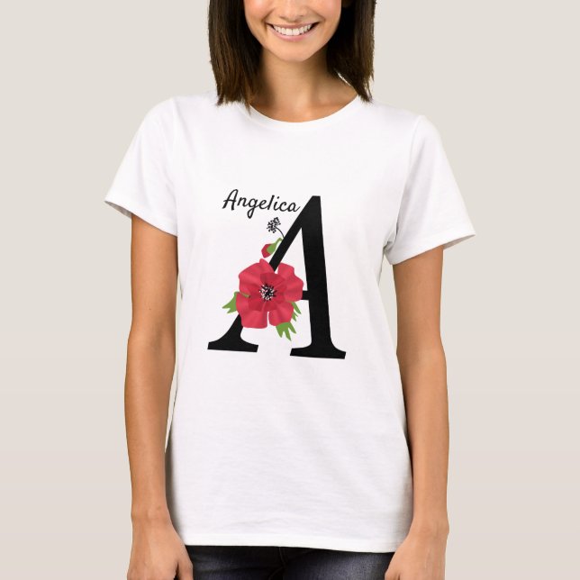Camiseta Monograma personalizado editável Uma flor vermelha (Frente)