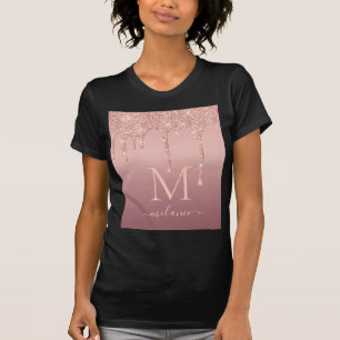 Camiseta Monograma Seu Nome Rosa Blush Glitter T-Shirt Com