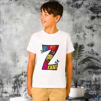 Camiseta Monograma Tribal e Doodle Colorido e Divertido Z