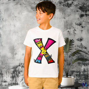 Camiseta Monograma X Tribal e Doodle Colorido e Divertido