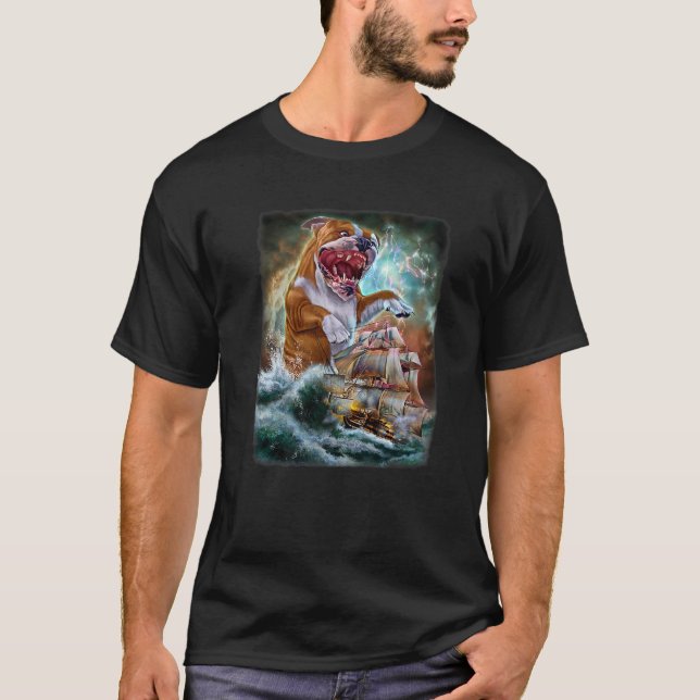Camiseta Monster Bulldog Como Kraken Ataca Um Navio De Guer (Frente)