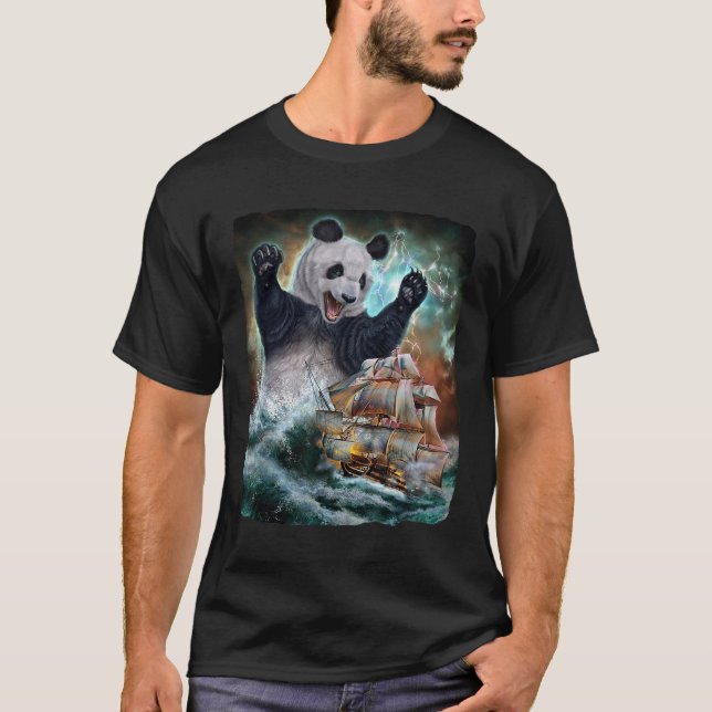 Camiseta Monster Giant Panda Como Kraken Ataca Um Navio De  (Frente)