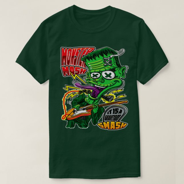 Camiseta monster-mash-frankenstein-on-guitar, banda, franke (Frente do Design)