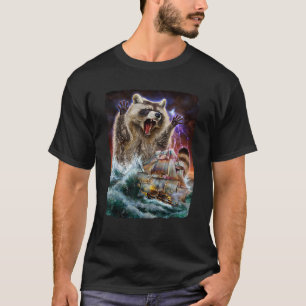 Camiseta Monster Raccoon como Kraken Ataca um Navio de Guer