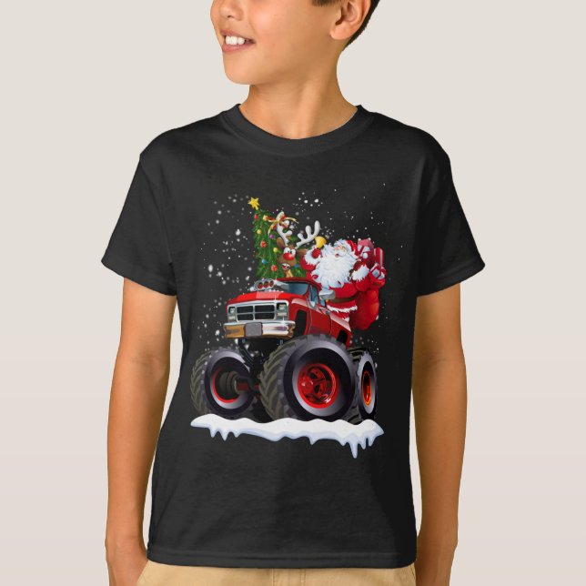 Camiseta Monster Red Truck Com Papais noeis, Árvore De Nata (Frente)