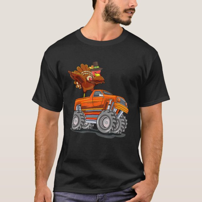 Camiseta Monster Truck Dabbing Turkey Hooray Happy Graças (Frente)