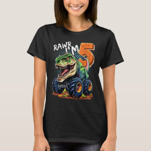 Camiseta Monster Truck Dinossaur Rex 5 Birthday Boy 5 anos