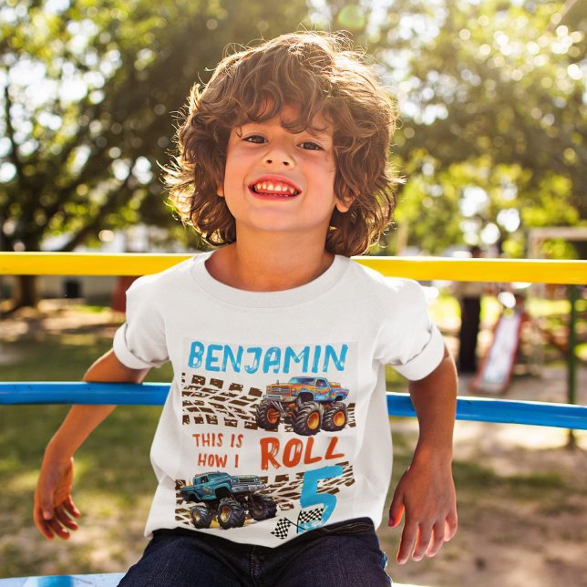 Camiseta Monster Truck É Assim Que Eu Rolo - Aniversário 5 (Boy's "This Is How I Roll" "5" 5th Birthday T-Shirt)
