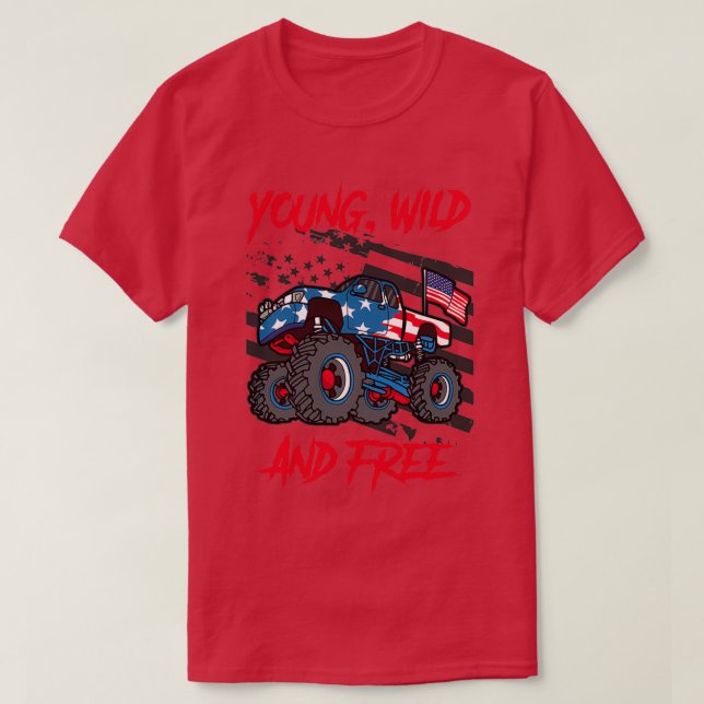 Camiseta Monster Truck Gift Young Wild Free Boys 4 De Jul (Frente do Design)