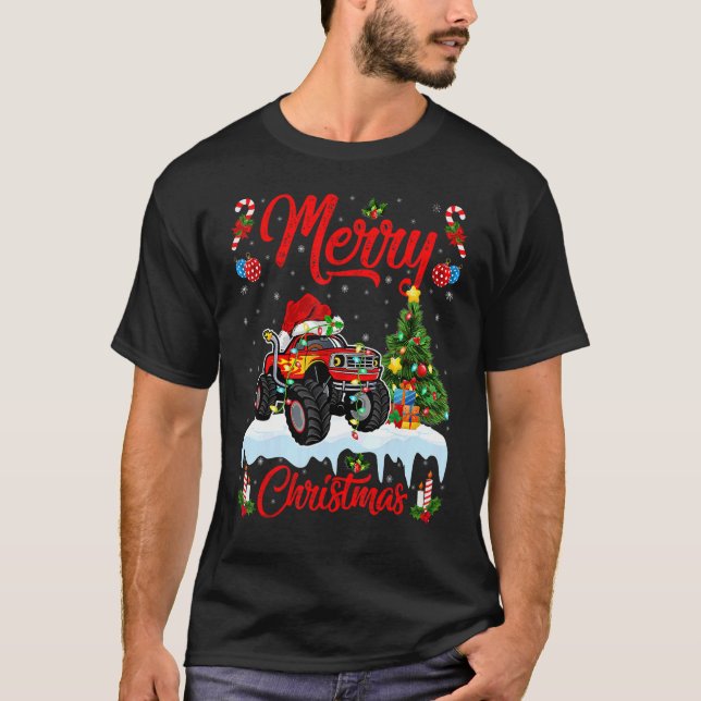 Camiseta Monster Truck Lights Xmas Tree Papais noeis Monste (Frente)