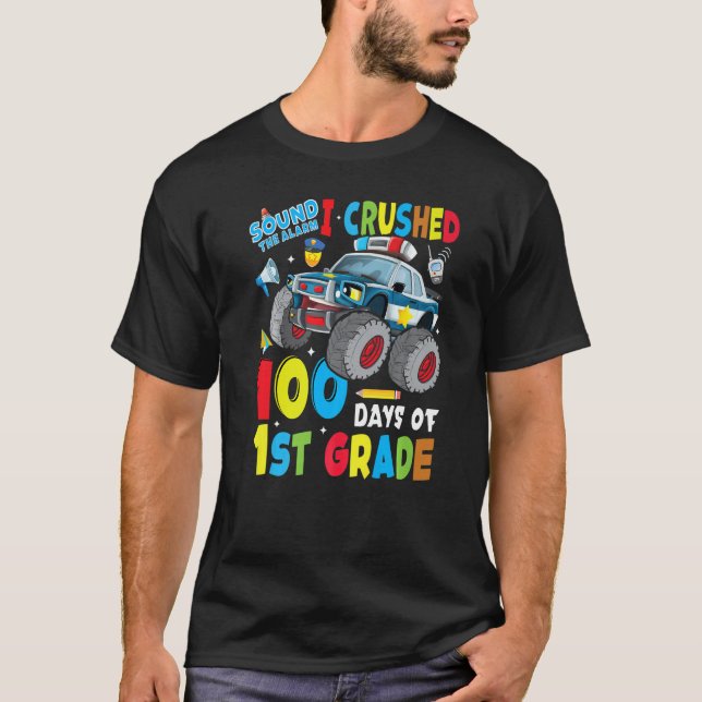 Camiseta Monster Truck Police Car 100 Days Of School 1st Gr (Frente)