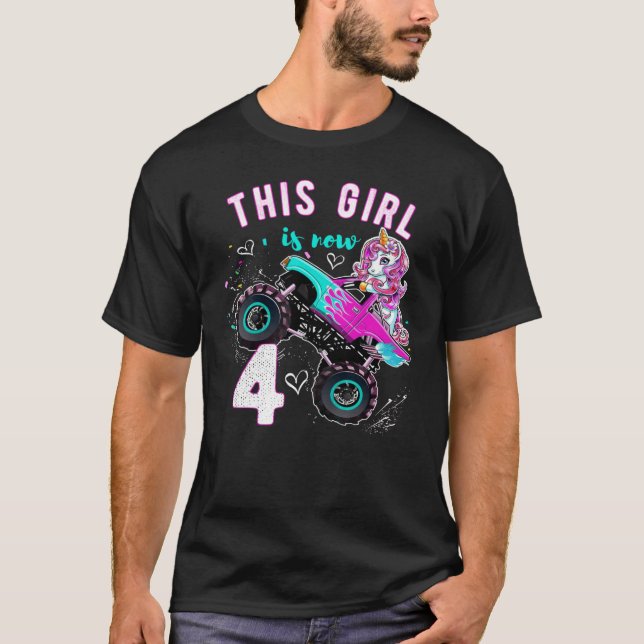 Camiseta Monster Truck Unicorn Girls 4º Aniversário Filha (Frente)