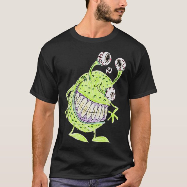 Camiseta monstro alienígena verde de 4 olhos (Frente)