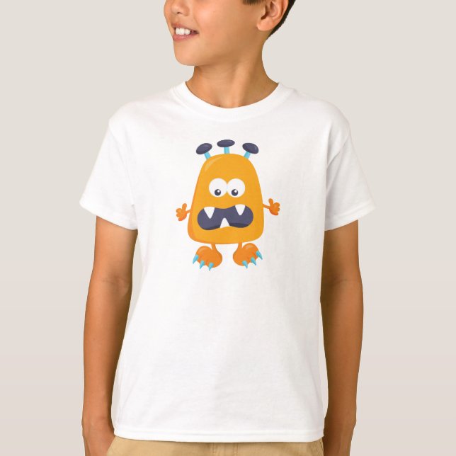 Camiseta Monstro Bonito, Monstro Laranja, Cornos, Monstro E (Frente)