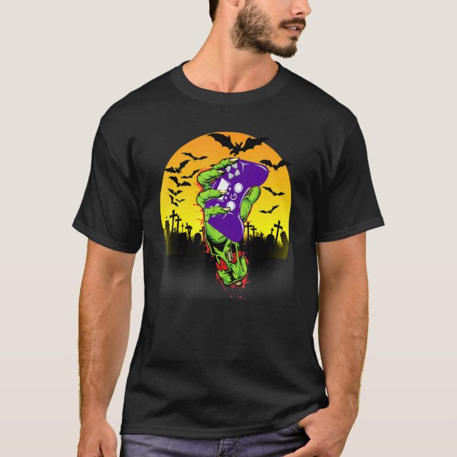 Camiseta Monstro de Videogame Mão de Zumbi de Halloween (Frente)