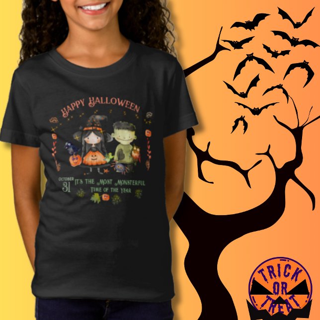 Camiseta Monstro do Halloween bonito e uma Bruxa (Cute Halloween Monster and a Witch T-Shirt)