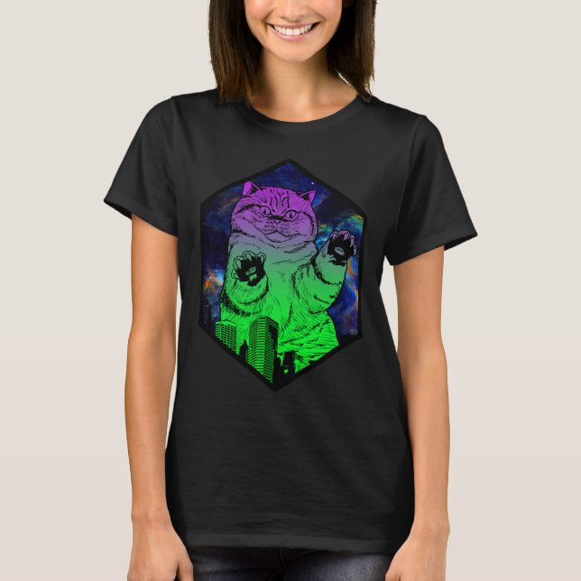 Camiseta Monstro Gigante Ataques Catzilla Cat Skyline (Frente)