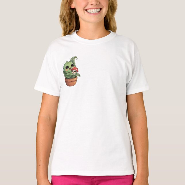 Camiseta Monstro Kawaii de Samambaia em Vaso Abraçando Cogu (Frente)