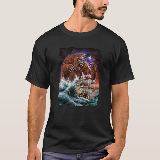 Camiseta Monstro Orangutan Como Kraken Ataca Um Navio De Gu (Frente)