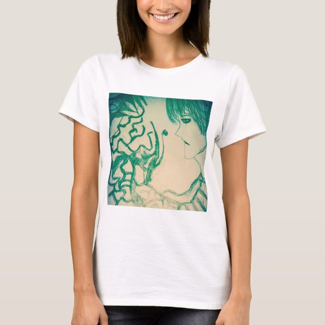 Camiseta monstro verde de manga de animação com cara triste (Frente)