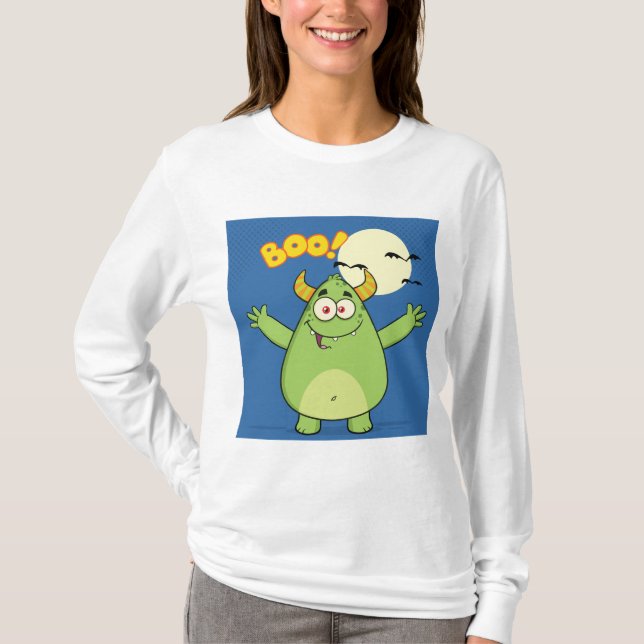 Camiseta Monstro Verde Fofo de Halloween Boo (Frente)