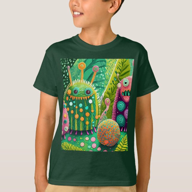 Camiseta Monstros coloridos, texturizados, com padrões (Frente)