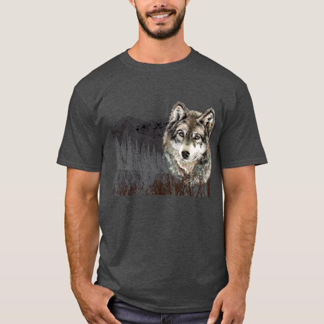 Camiseta Montanha com a Selvagem Animal do Lobo de Watercol (Frente)