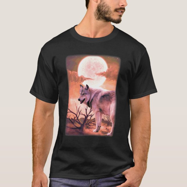 Camiseta Montanha da Selva Noturno Uivando à Lua Lobos W (Frente)