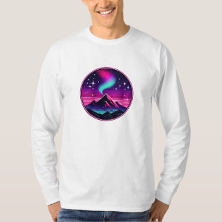 Camiseta Montanha Neon Sob Céu Estrelado - Noite Futurístic