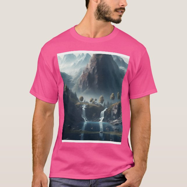 Camiseta Montanhas Com Quedas De Água E Gráfico De Parede D (Frente)