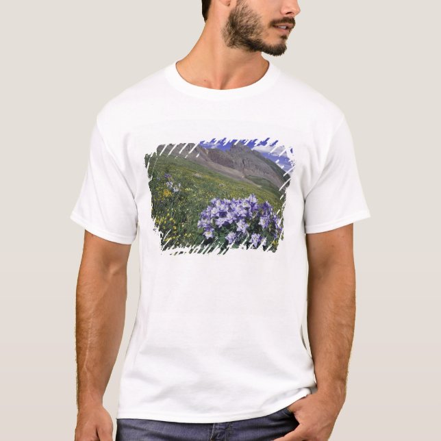 Camiseta Montanhas e flores silvestres em prado alpino, Blu (Frente)