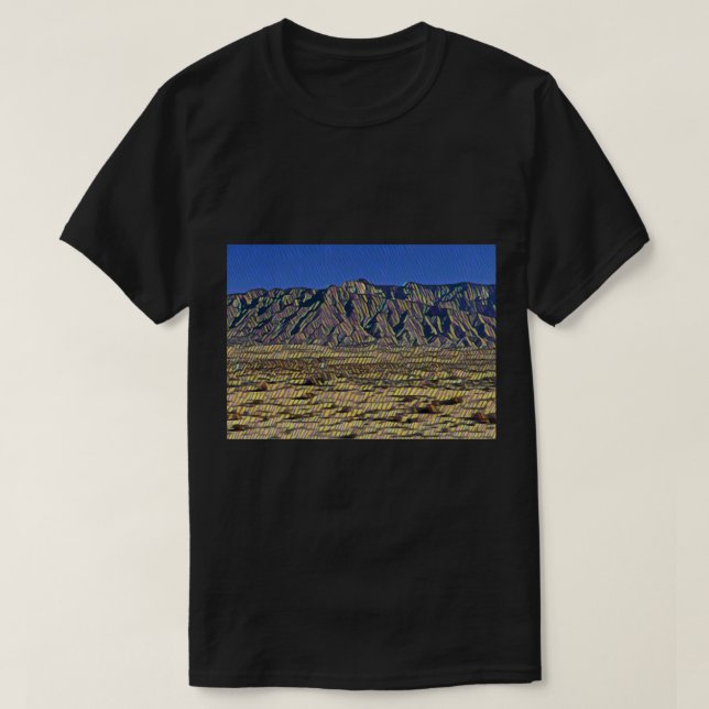 Camiseta Montanhas Mosaicas com Céu Azul (Frente do Design)