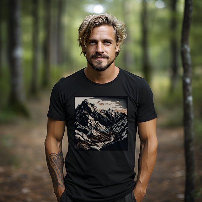 Camiseta Montanhas Natureza Paisagem Viagens vintage Linocu (Dark Mountains on a black shirt, perfect for outdoorsmen, hikers, campers, climbers, and athletes.)