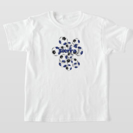 Camiseta monte de bolas de futebol azuis e pretas nome do a