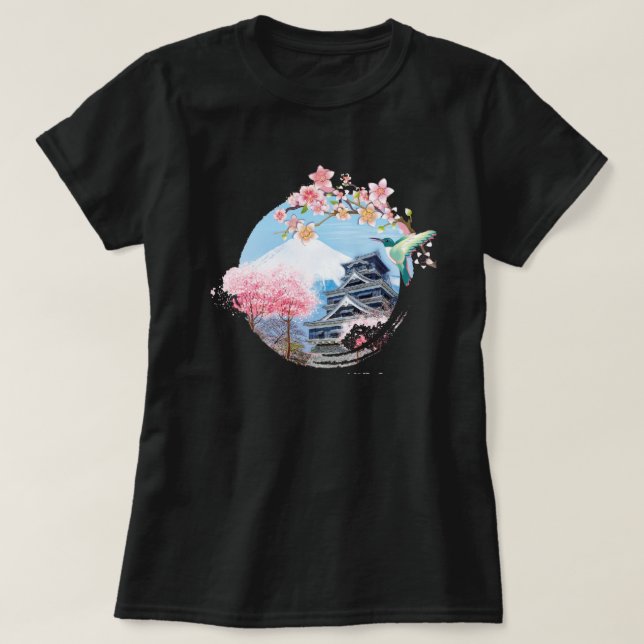 Camiseta Monte Fuji Japão com Temple e Sakura (Frente do Design)