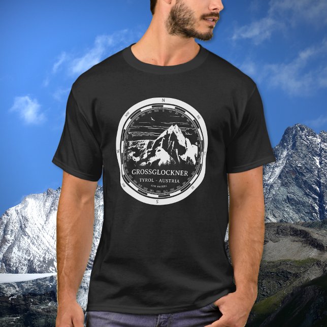 Camiseta Monte Grossglockner - Alps Tirol Áustria (Mount Grossglockner T-Shirt in Back with a white compass and mountain illustration)