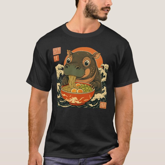 Camiseta Moo Deng hipopótamo come ramen ao estilo japonês (Frente)