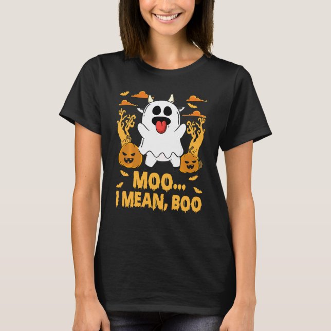 Camiseta Moo I Quer Dizer Boo Pumpkin Halloween Vaca Fantas (Frente)