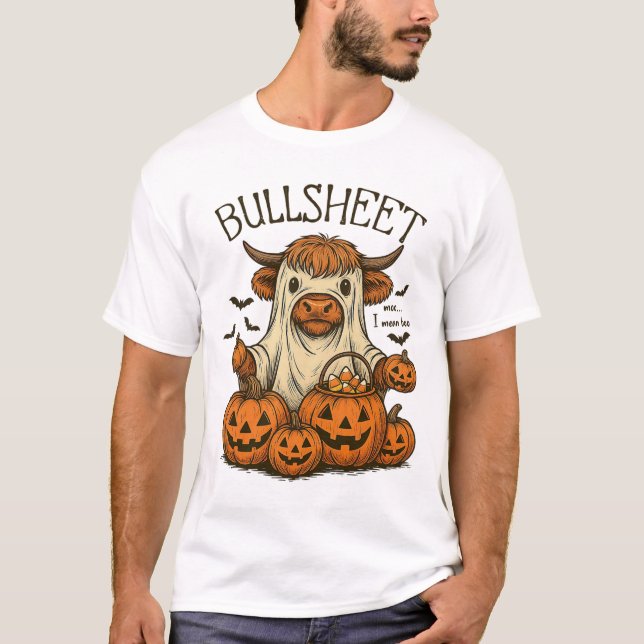 Camiseta Moo. Quero Dizer Boo Bullsheet Vaca Fantasma Hallo (Frente)
