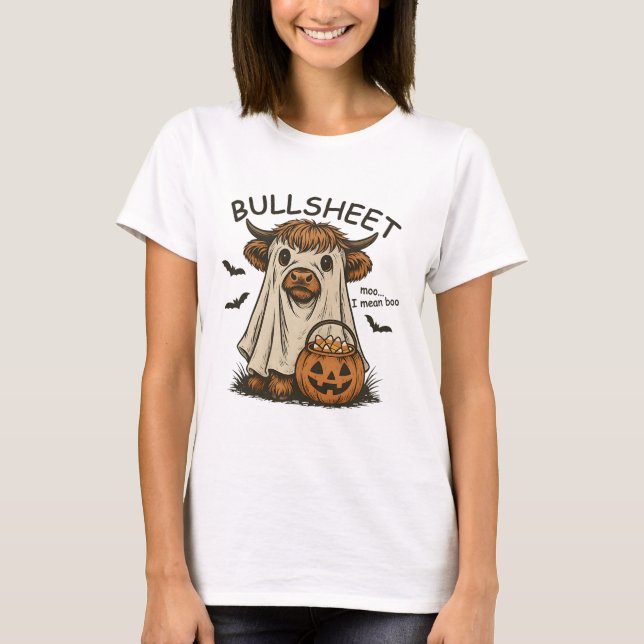 Camiseta Moo. Quero Dizer Boo Bullsheet Vaca Fantasma Hallo (Frente)